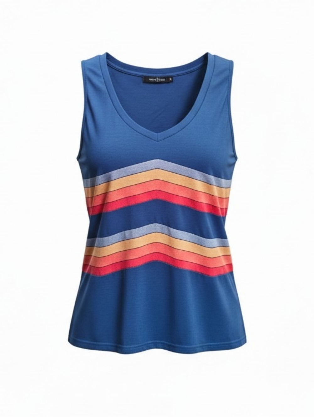 Blue Chevron Stripe Tank Top Size M Retro Color Block Sleeveless Top